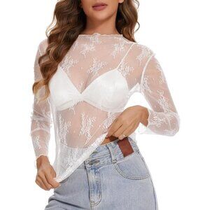 Women White Mesh Long Sleeve Top Sexy Mock Neck Shirts Party Club Night Blouse